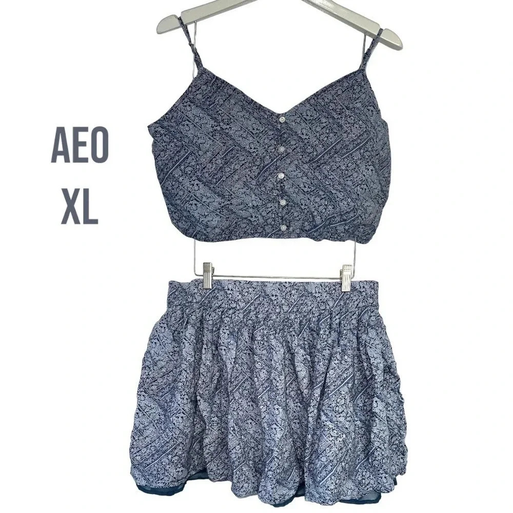 American Eagle 2-Piece Set XL Blue Paisley Cotton Linen Crop Top‎ Bubble Skirt